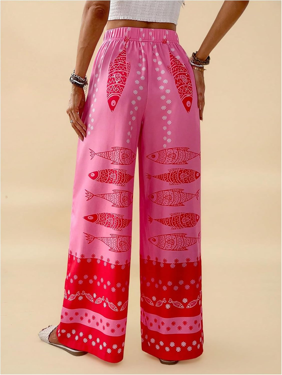 GORGLITTER Women's Wide Leg Palazzo Pants Baggy Boho Pants Fish Floral Graphic High Waist Casual Summer Beach Trousers - Image 4
