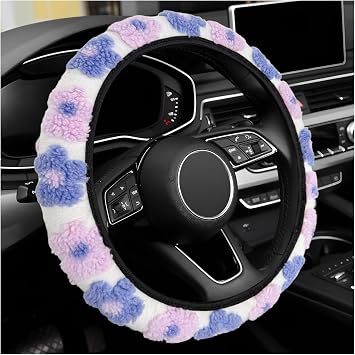 Plush Flowers Steering Wheel Cover, 15 inch Anti-Slip Breathable Steering Wheel Protector Cute Floral Decor, Elastic Soft Wheel Cover Universal Fit for Most Vehicles Light Purple