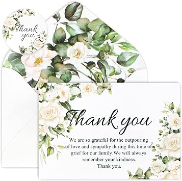 AnyDesign 48 Pack Funeral Thank You Cards White Rose Sympathy Thank You Cards with Seal Stickers Envelopes Floral Bereavement Card with Message for Memorial Service Loved Ones Celebration of Life