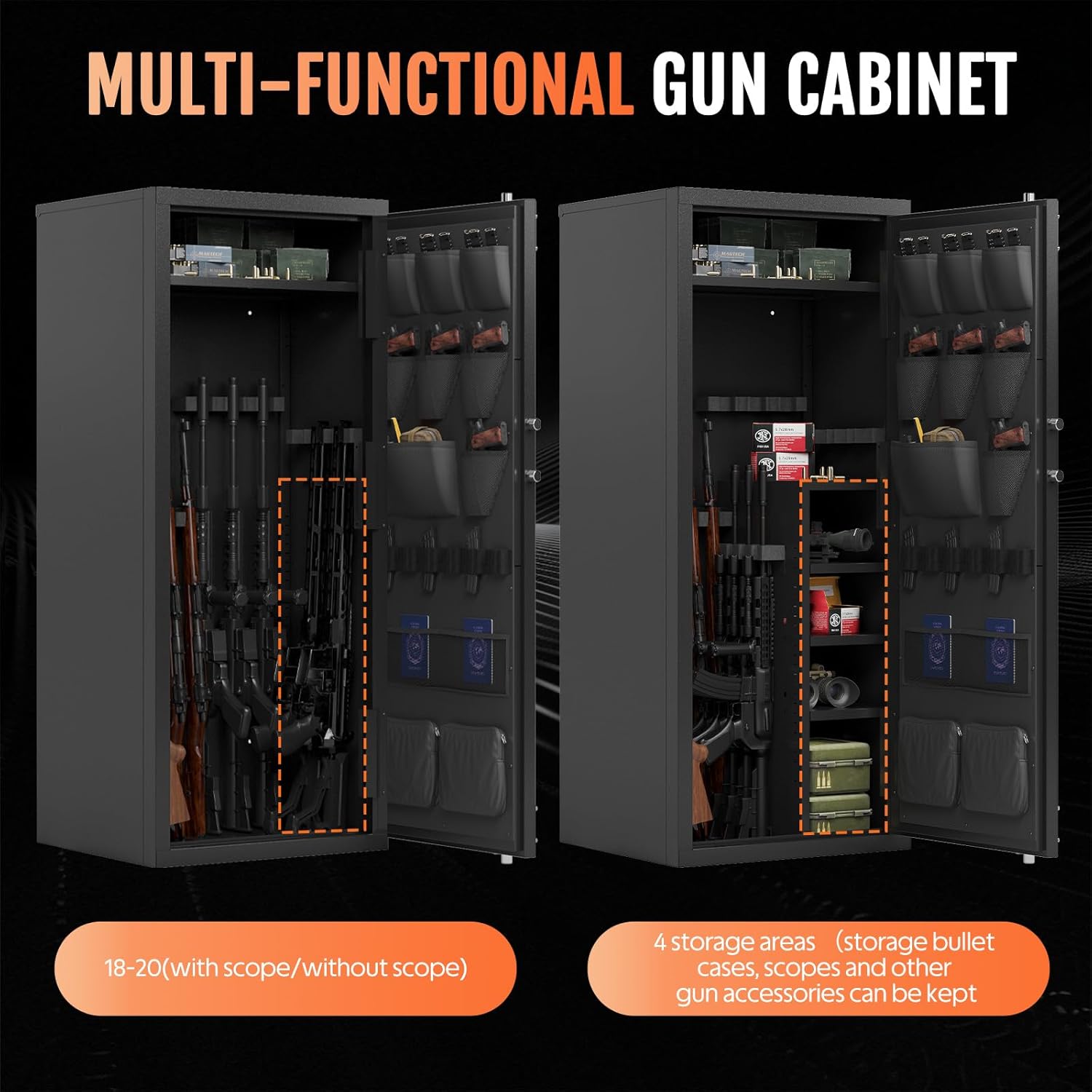 KAER Large Biometric Gun Safe for Rifles and Pistols,Storage 20-25 Firearms (with/Without Scopes),Gun Cabinet with Adjustable Storage/Pistol Pouches Rifle Safe for Home Defense,Hunting,Shooting,AR-15