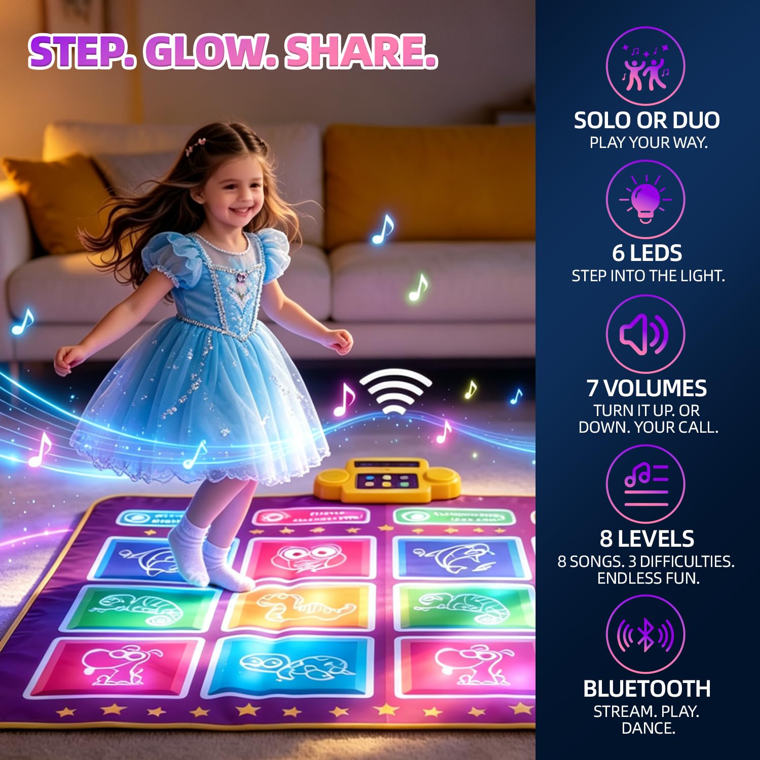 EagleStone Tappetino da ballo Bluetooth per bambini, 3 livelli di difficoltà, con volume regolabile, giocattolo regalo per bambini dai 3 ai 12 anni