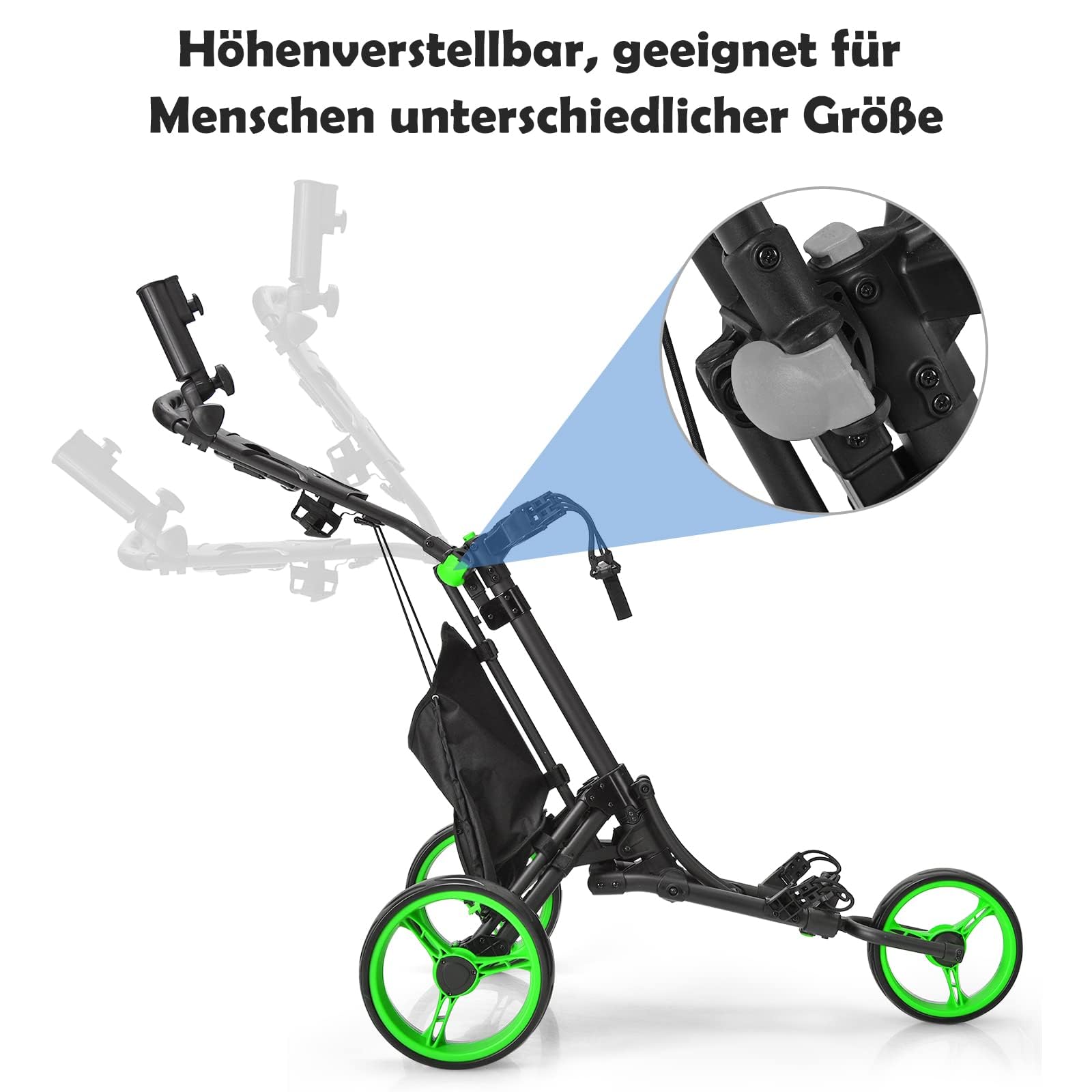 GOPLUS Golf Trolley, Golftrolley 3 Rad mit Verstellbarer Griff, Fußbremse, Golfwagen klappbar mit Schirm- und Getränkehalter & wasserdichter Tasche, Golfcaddy Golf Push Cart
