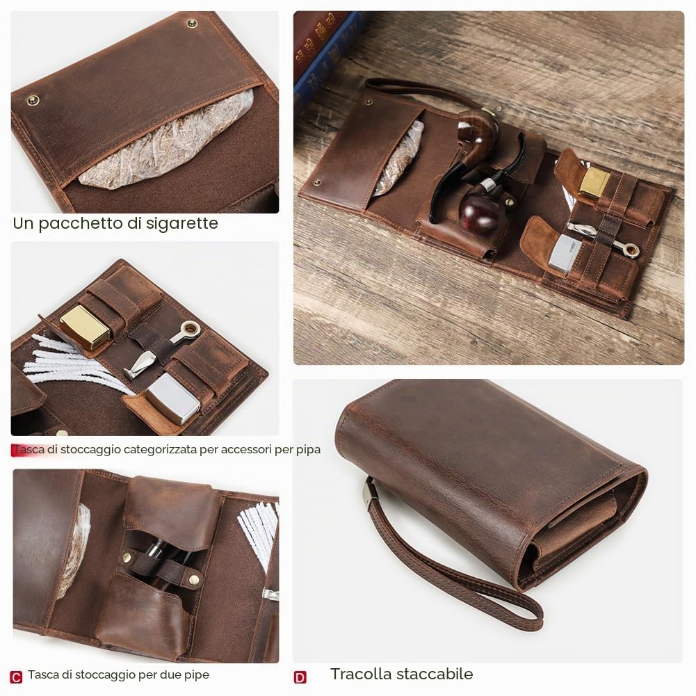 CONTACTS Borsa da viaggio in vera pelle per 2 tubi, accendini, sigarette, Marrone, Vintage