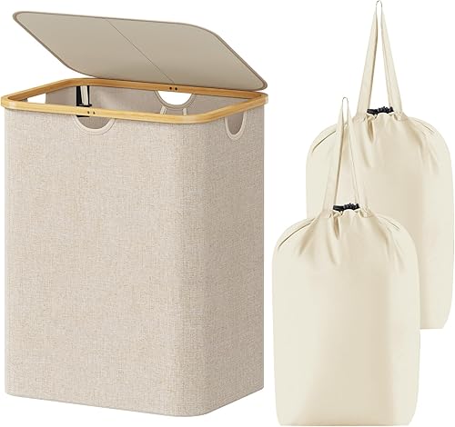 Miniatura 20 de Lifewit Cesta grande de 100 litros con tapa para ropa con asas de bambú y bolsa extraíble, plegable para dormitorio, baño, residencia universitaria