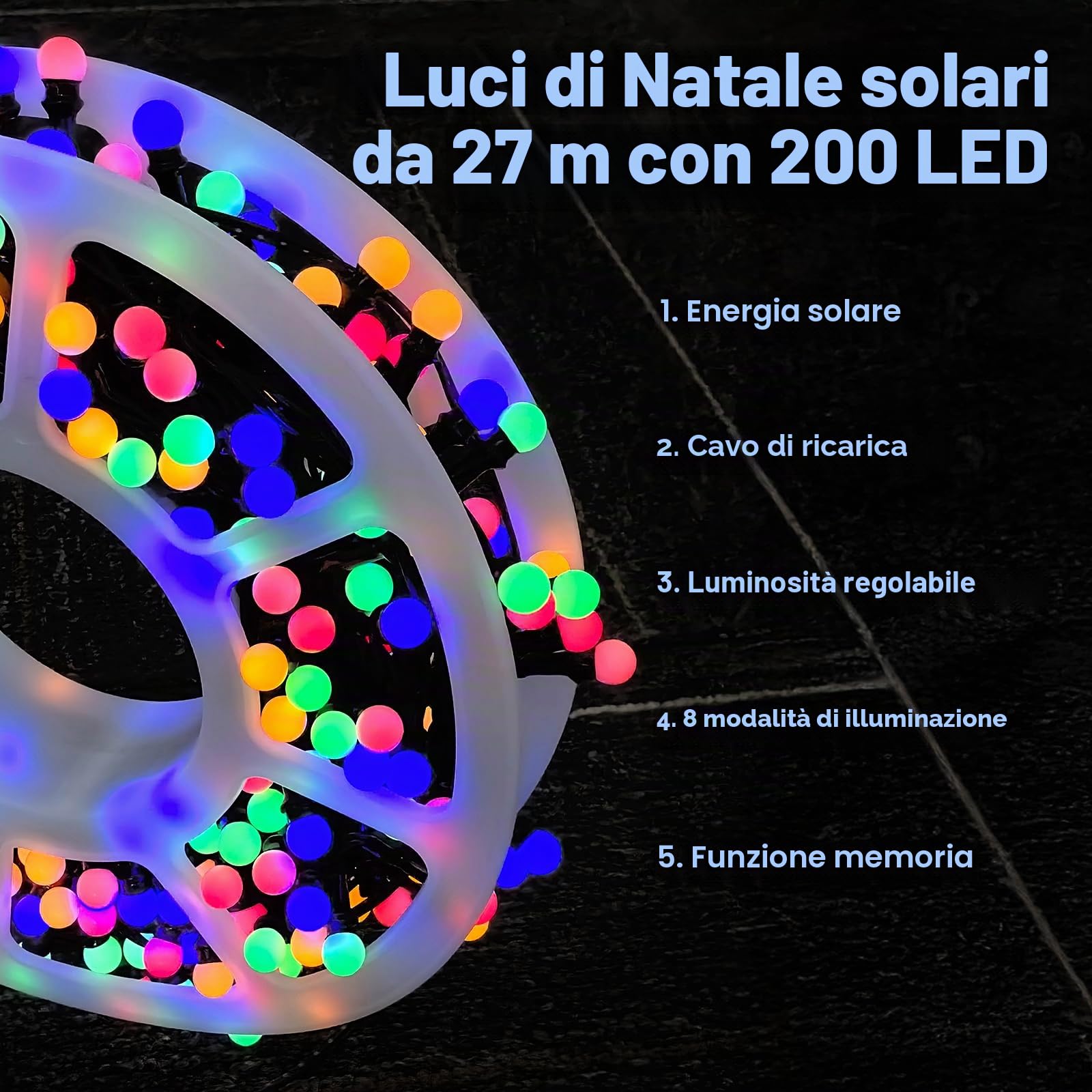 Luci di Natale Solari, 13M 300LEDs Luci a Sfera Esterno Impermeabili con 8 Modalità, Striscia Luminosa Portatile e Ripiegabile per Decorazioni da Appendere All'albero di Natale Feste Giardino Veranda