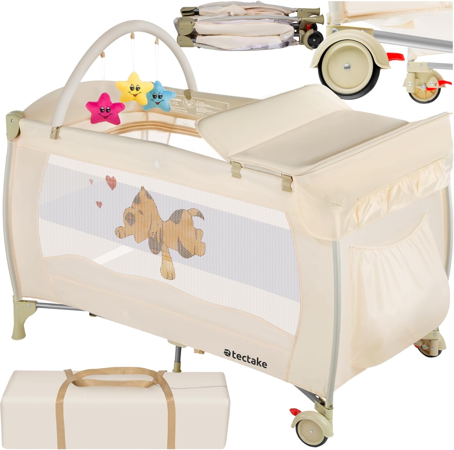 TecTake Travel Cot fully assembled with changing table and play arch