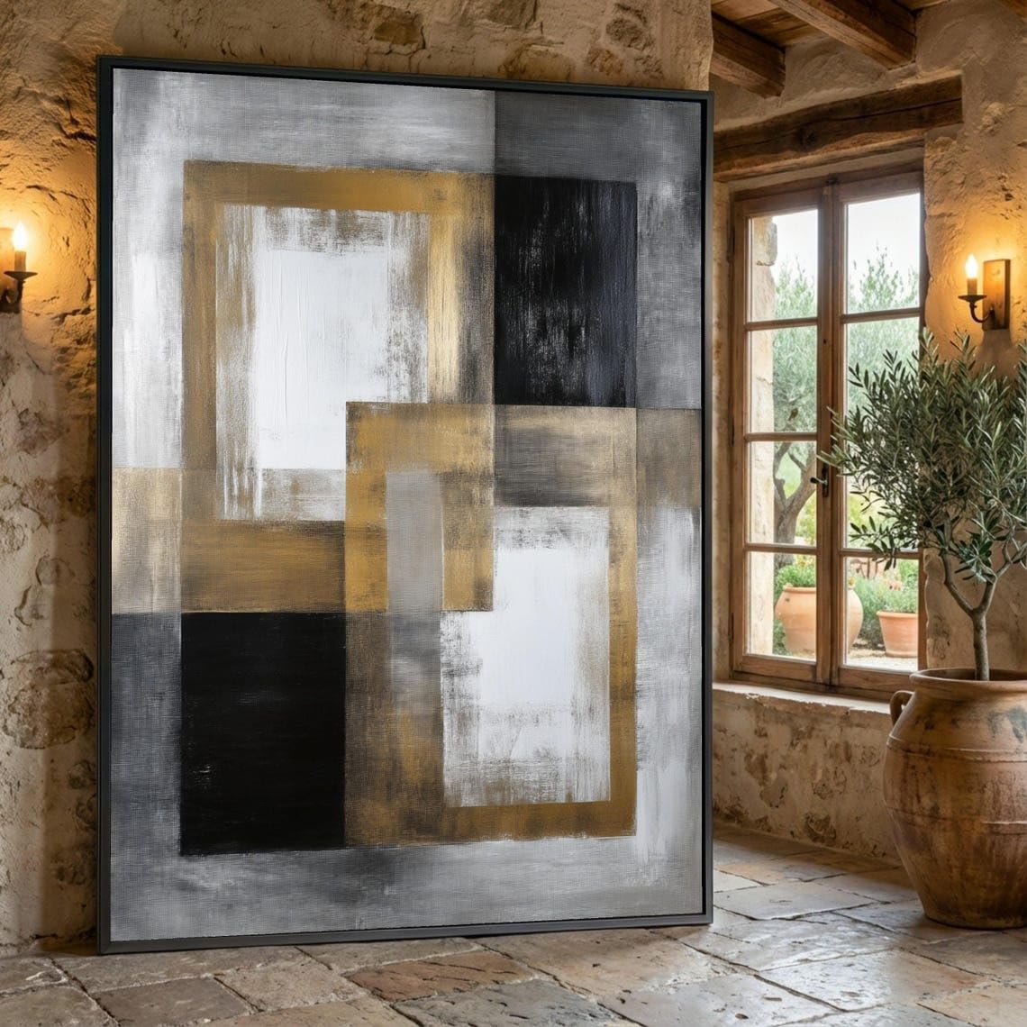 XINBAO Abstrakcyjny geometryczny obraz na płótnie, złote, czarne i białe kwadraty, nowoczesna dekoracja mieszkania, gotowy do zawieszenia (50 x 75 cm/bez ramki)