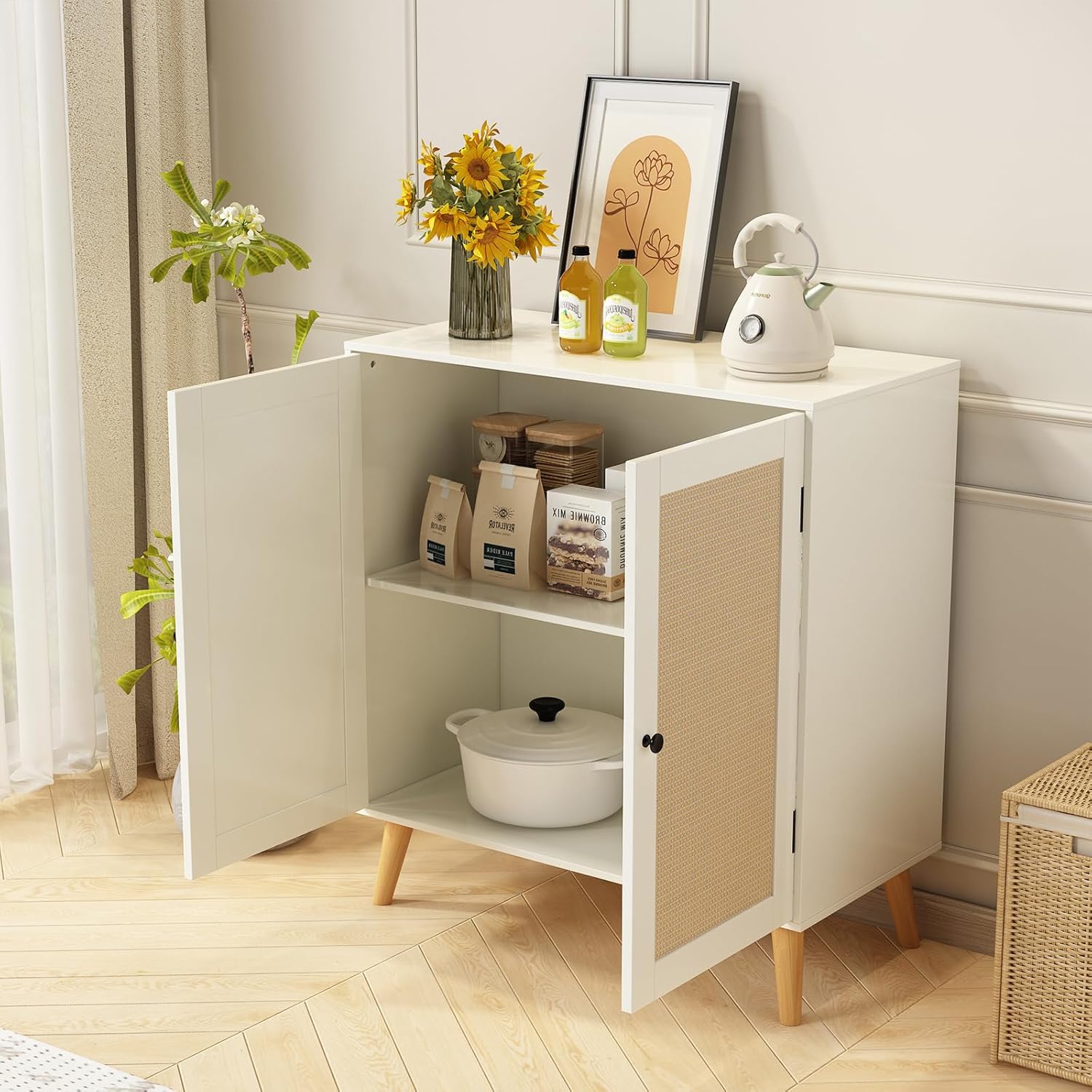 Sideboard Buffet Kitchen Storage Cabinet with Rattan Decorated Doors, Dining Room, Living Room，Hallway, Cupboard Console Table, Liquor/Accent Cabinet, Three Colors Available (White)