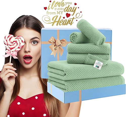 Miniatura 6 de VOOVA & MOVAS Toallas verdes para baño, 100% algodón, de secado rápido, ligeras, gruesas, suaves, juego de toallas de 6 piezas, 2 baños grandes de