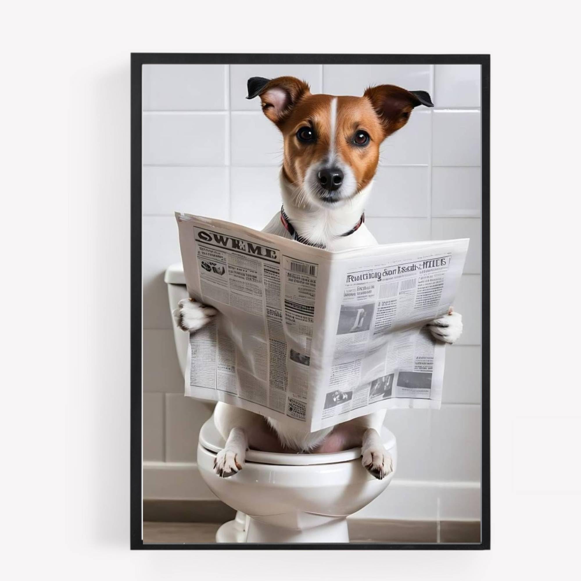 Gfc Monochromatic Funny Bathroom Toilet Animal Print Picture Poster Jack Russell Dog On A Toilet Reading Newspaper A4 Unframed Wall Art Home Decor Decorating