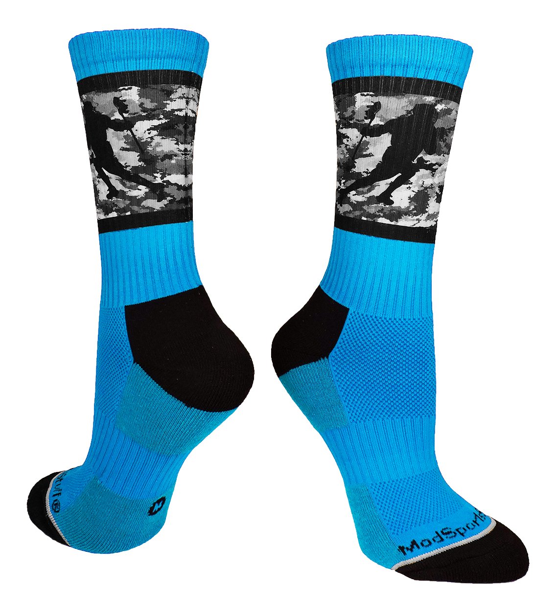MadSportsStuff Lacrosse Socks with Player on Camo Background Crew Socks (Electric Blue/Black, Large)