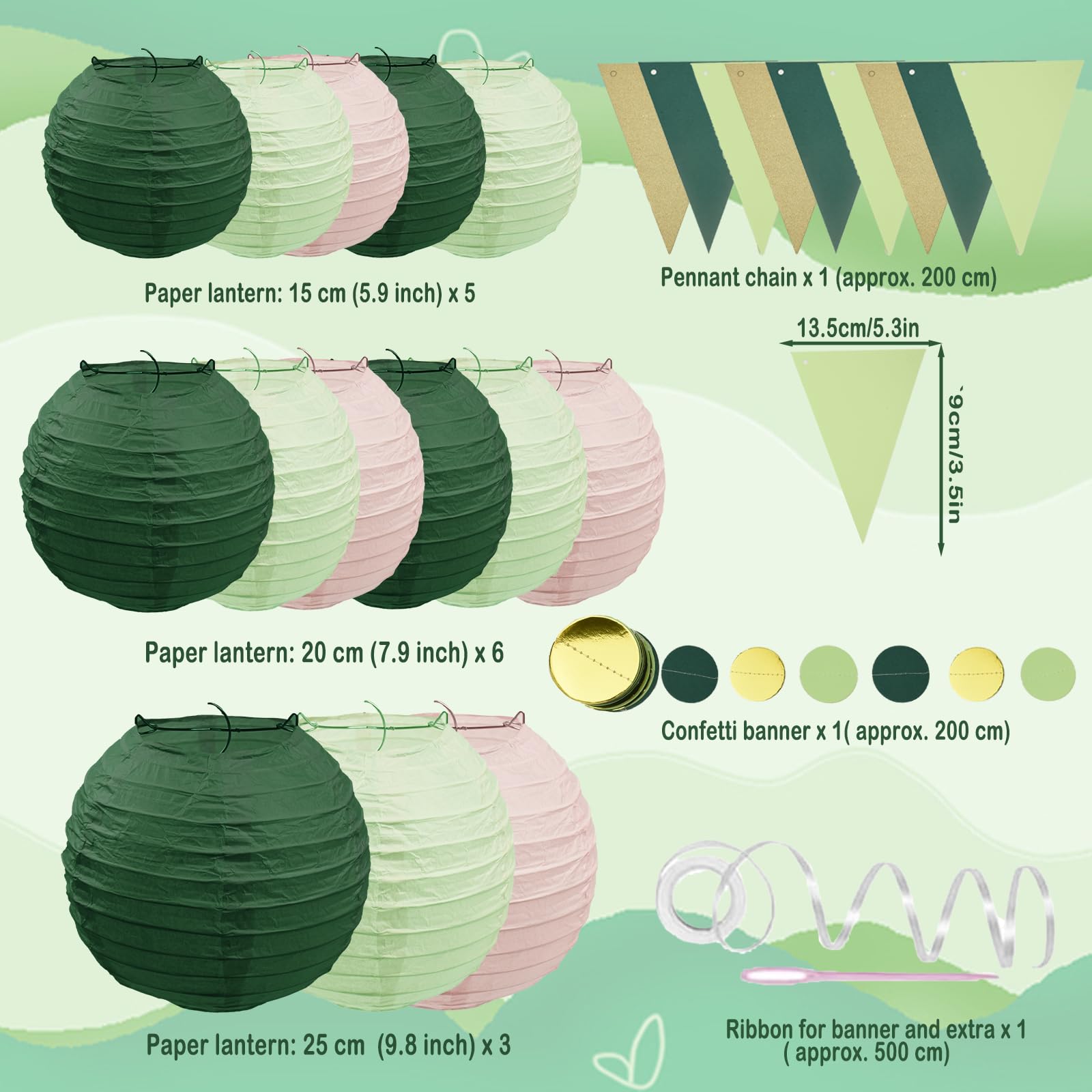 16 lanterne di carta Hyacinthy, lanterne di carta verde oro, decorazione per feste in giardino, per esterni, feste estive