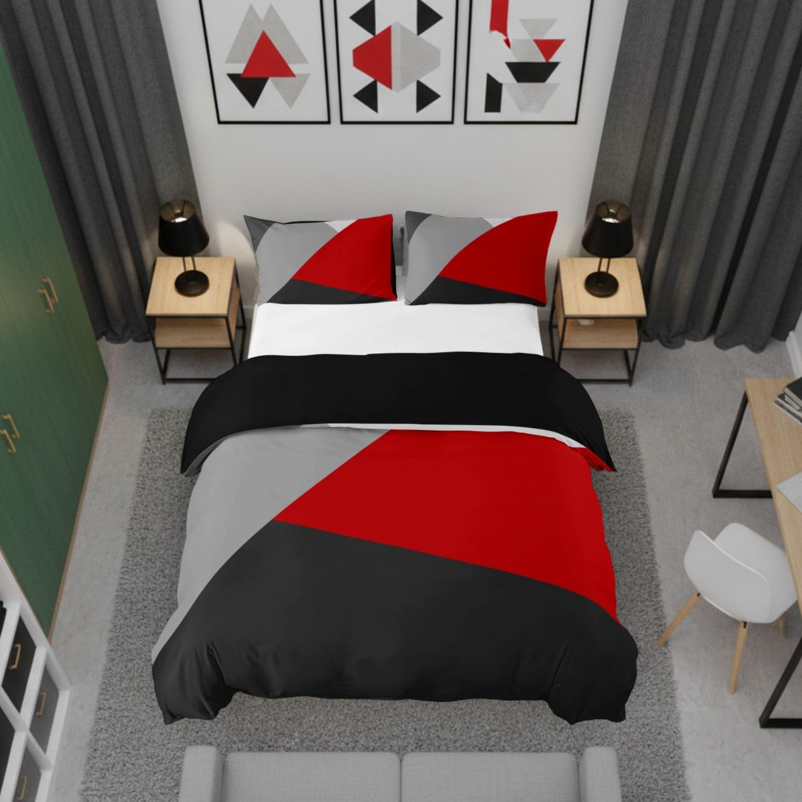 Homewish Red Black Gray King Size Duvet Cover Set with 2 Pillowcases - 100% Soft & Breathable Polyester, Zip Closure - Patchwork Geometric Bedding - Modern Simple Pattern with Black Reverse