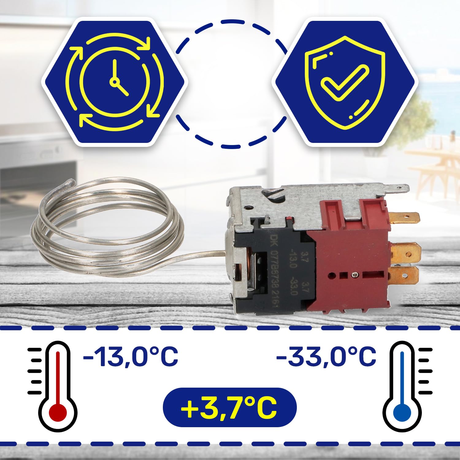 Thermostat 077B6738 pour Frigo 125/250V 6A Longueur du Tube Capillaire 800 mm avec le Code Original 596279 pour Gorenje - avec 4 Contacts 6,3 mm AMP - MONTERAL