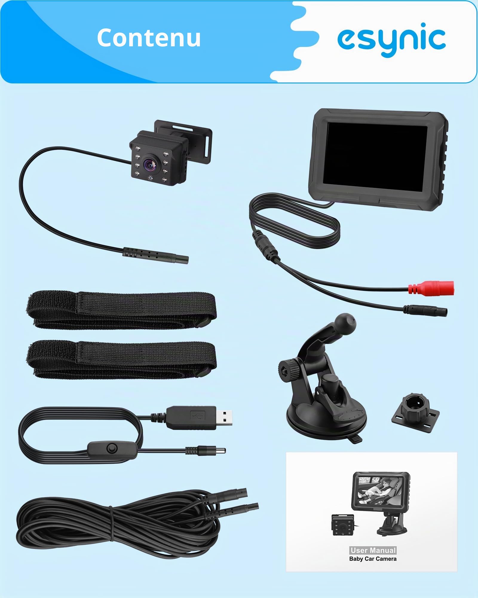 eSynic Miroir Voiture Bébé HD 1080P Rotation à 360 Retroviseur Voiture Bebe avec Lampe Infrarouge de Vision Nocturne Support Adhésif Solide Miroirs Auto Bébés Alimentation par USB Installation Facile