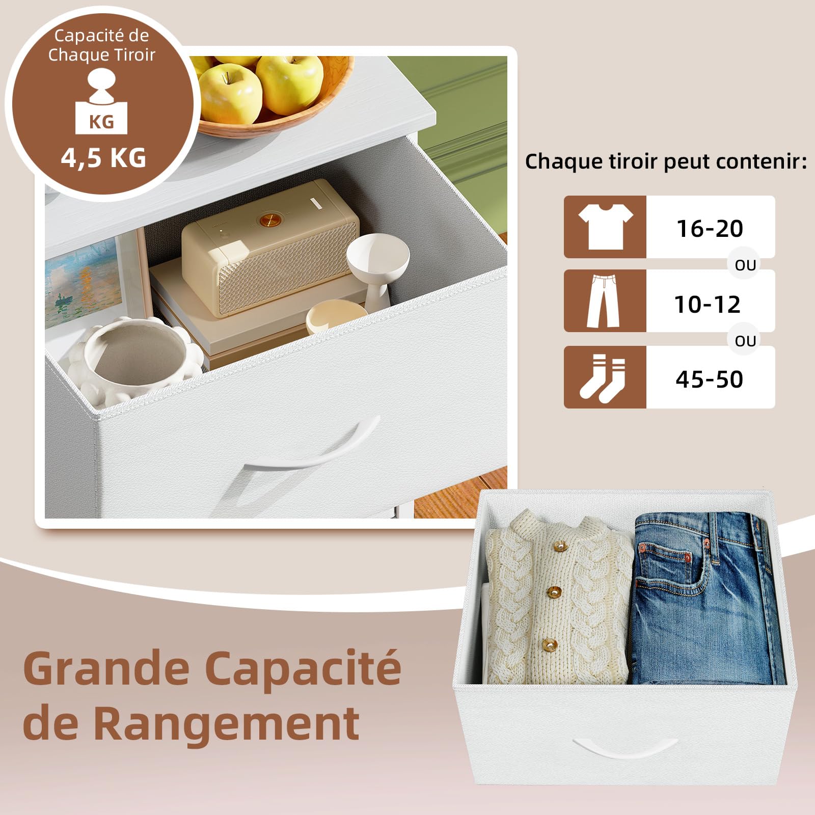 Somdot Commode Chambre, Commode en Tissu avec Cadre en Acier, Meuble de Rangement pour Salon Couloir Entrée, 30P x 42l x 114,5H (5 Tiroirs), Blanc
