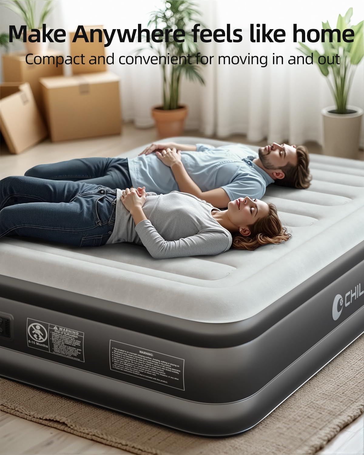 CHILLSUN Letto Gonfiabile, Materasso Matrimoniale con Pompa Elettrica, 203x152x46 cm, Superficie Spessa Impermeabile, per Casa e Campeggio, Compatto e Facile da Riporre