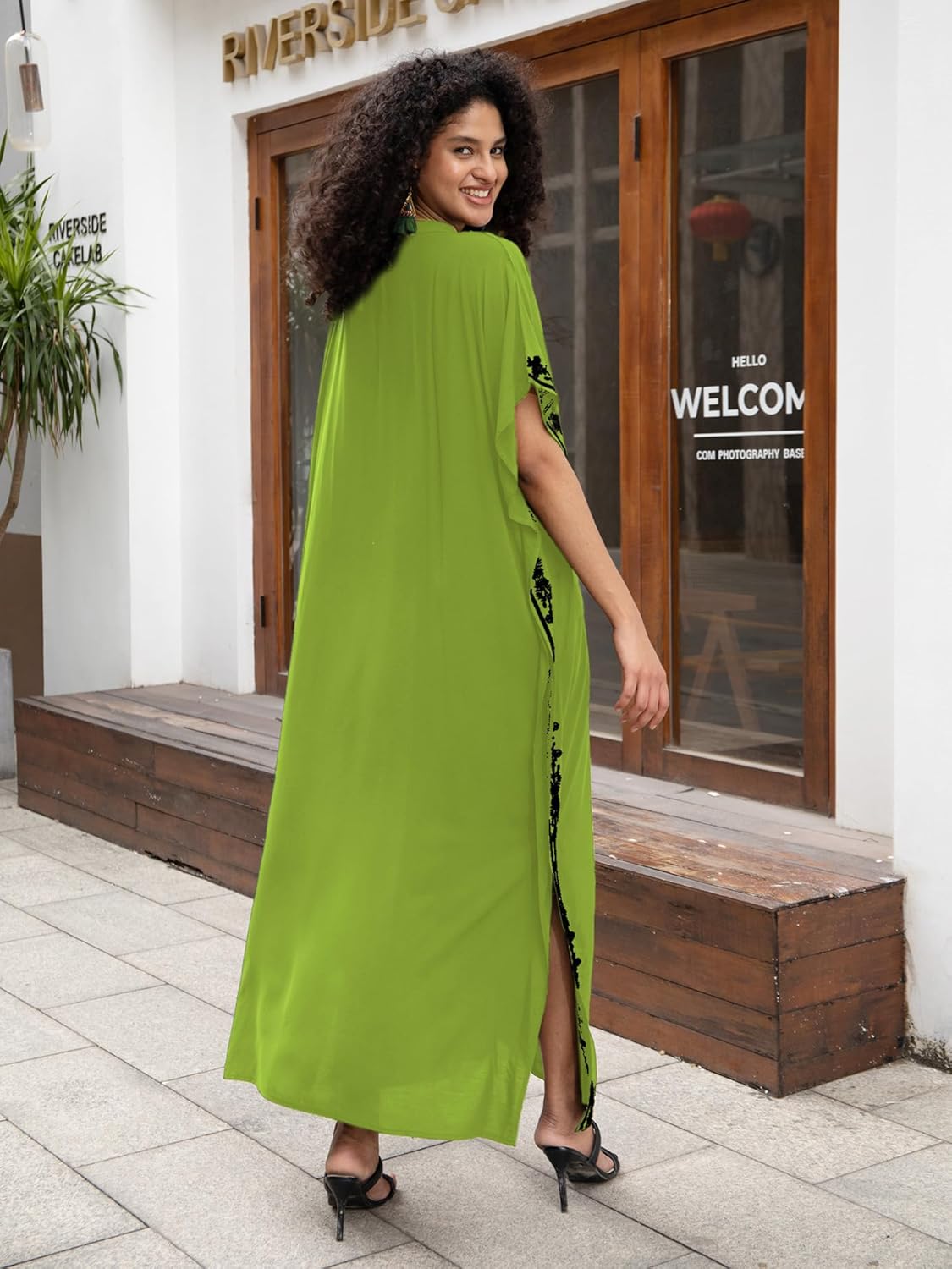 Women Embroidery Golden V Neck Arabic Dubai Kaftan Casual Beach Wear Cover Up Side Split Long Dress Green - Image 4