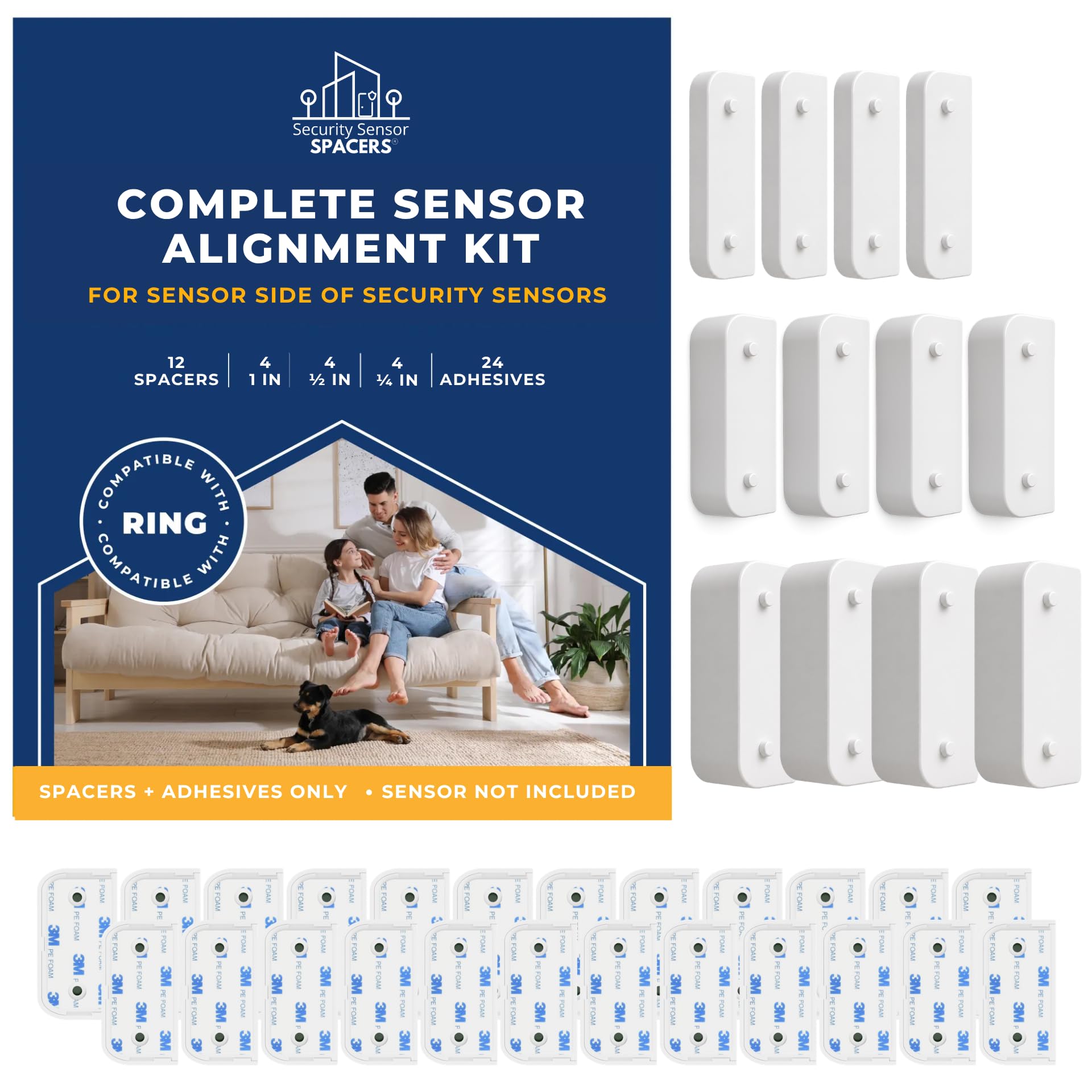 Security Sensor Bundle for Ring Alarm – 12 Sensor Side Spacers + 24 Adhesives | Easy Install Home Protection