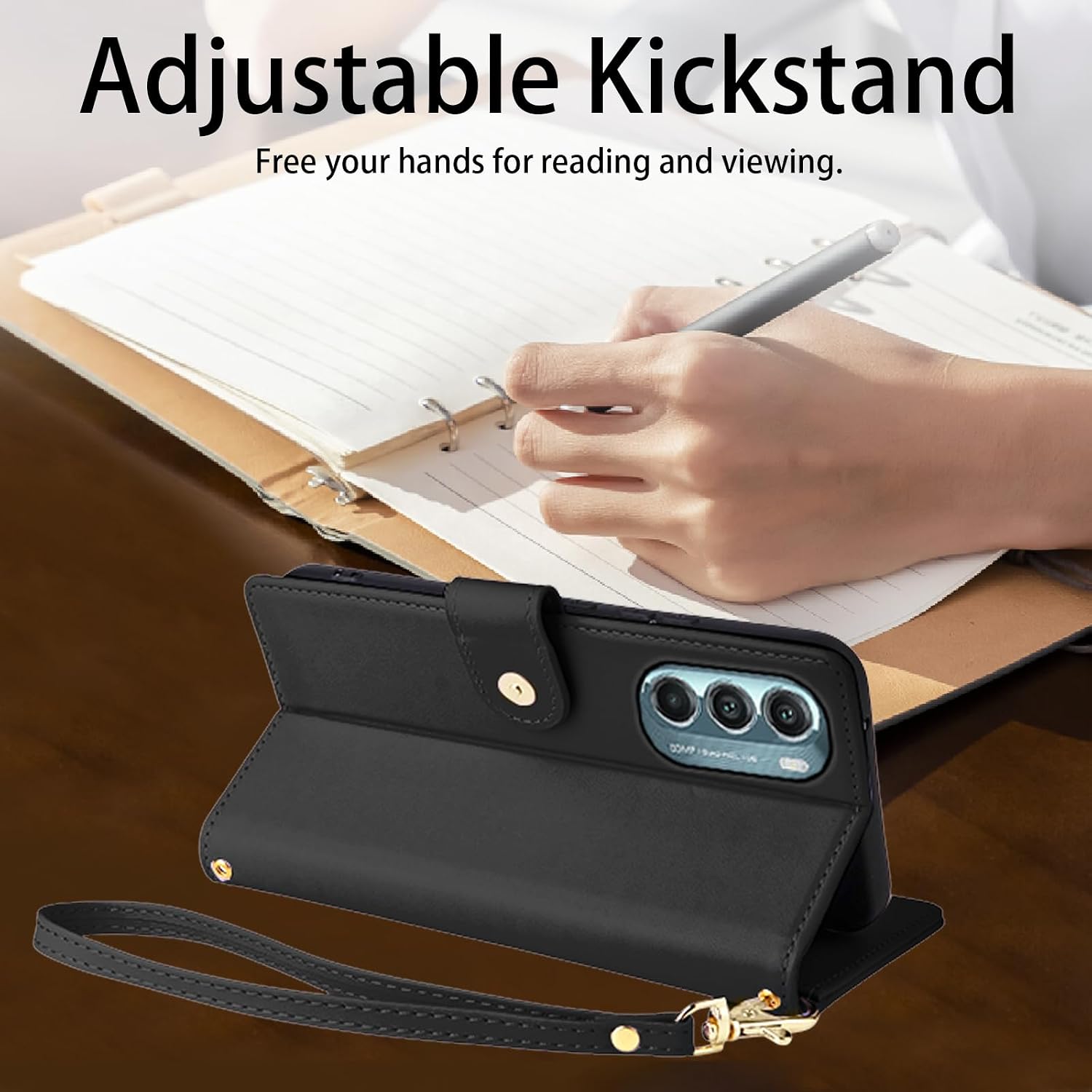 Wallet Case for Motorola Moto G Stylus 5G 2022 with Tempered Glass Screen Protector & Detachable Wrist Strap Luxury Leather Stand Card Slot Phone Cover for XT2215-1 XT2215-4 XT2215DL Black image 3
