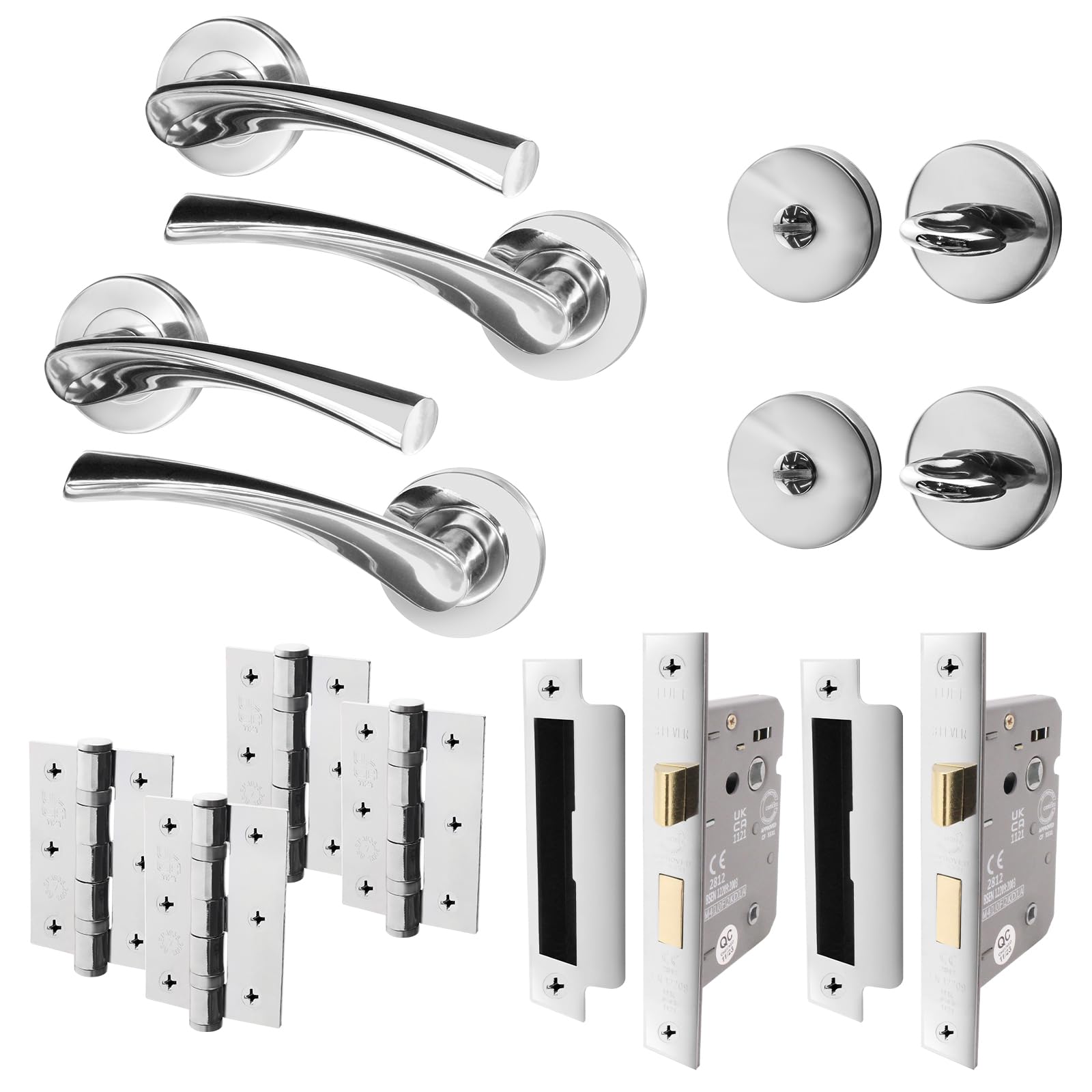 EAI Chrome Bathroom Door Handle Set - Pack of 2 | Round Internal Door Handles, Thumb Turn & Release Set, Lock & Hinges (76mm) | Polished Chrome Novoli Range โ image 1
