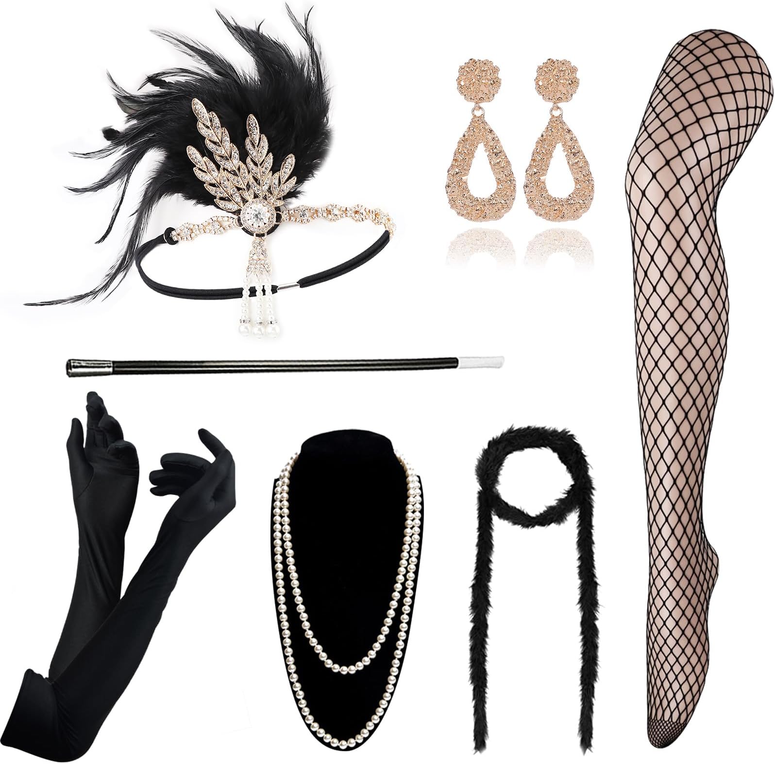 DRESHOW1920s Great Gatsby Accessories for Women Flapper Headpiece Headband Gloves Costume Harlem Nights Accessories Set