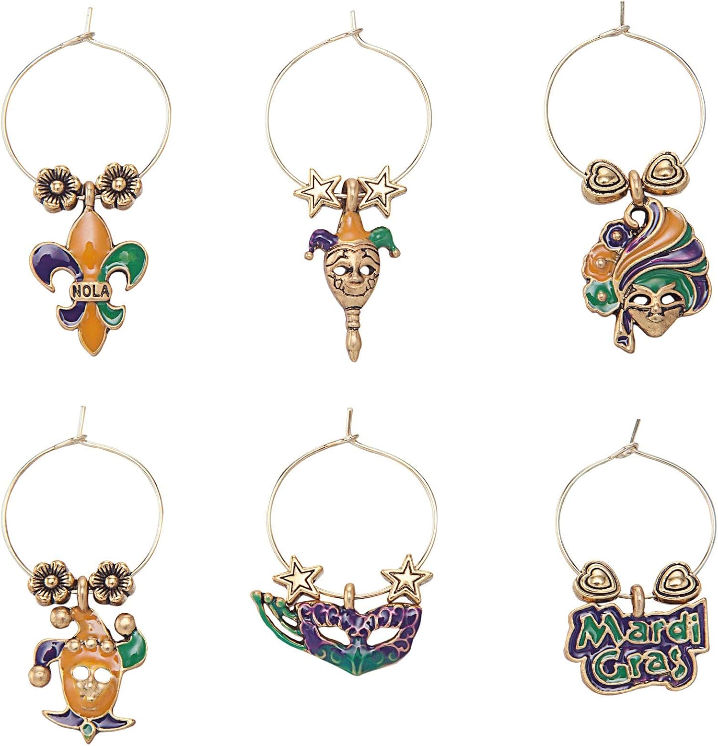 UP UPware Celebrating Mardi Gras Wine Charms, Zinc Alloy Wine Glass Tags for Stem Glasses, Drink Markers Identifiers for Parties, Tastings, and Entertaining, Multicolor, Set of 6