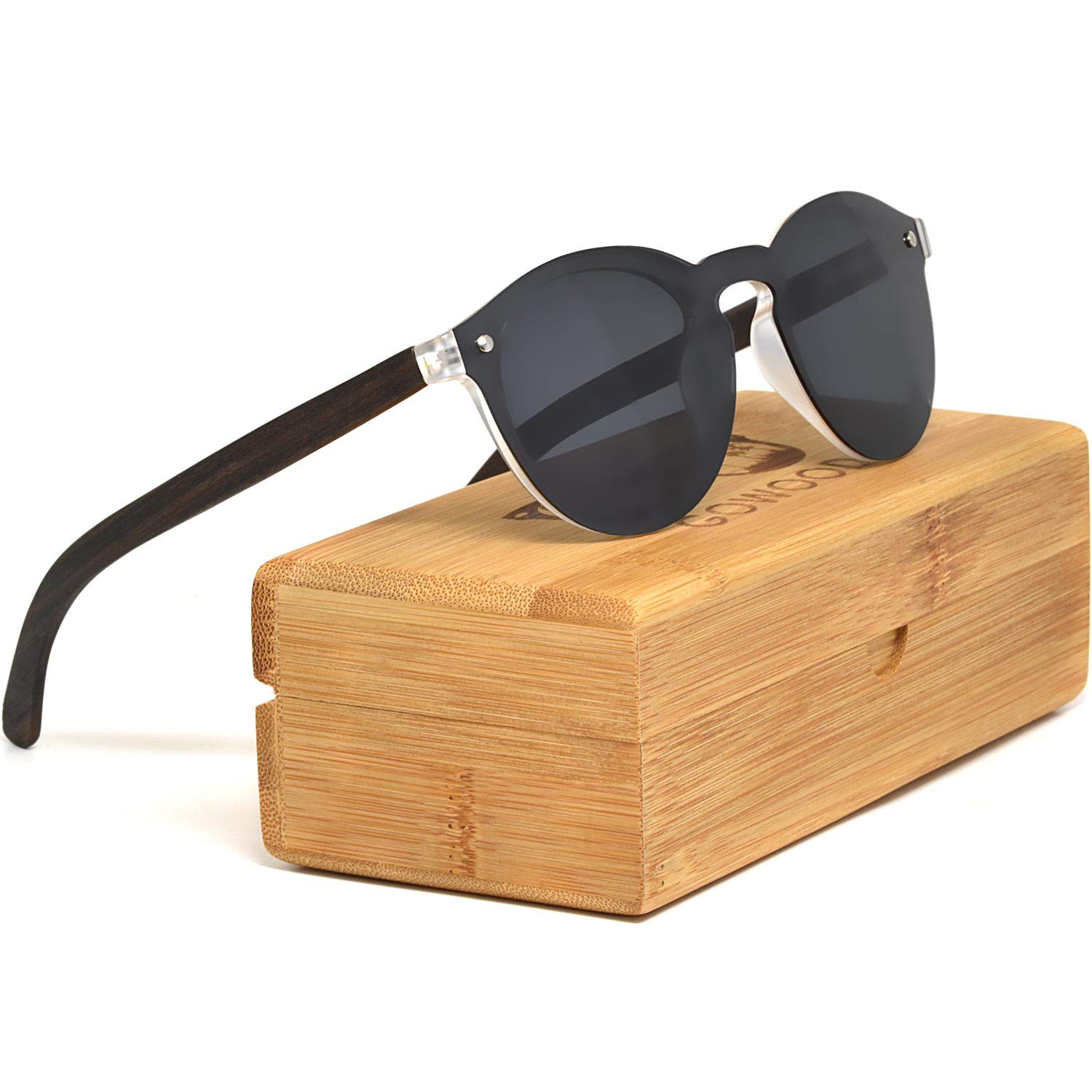 GOWOOD Occhiali da sole rotondi in legno per donne e uomini con lente polarizzata nera speciale in stile monopezzo