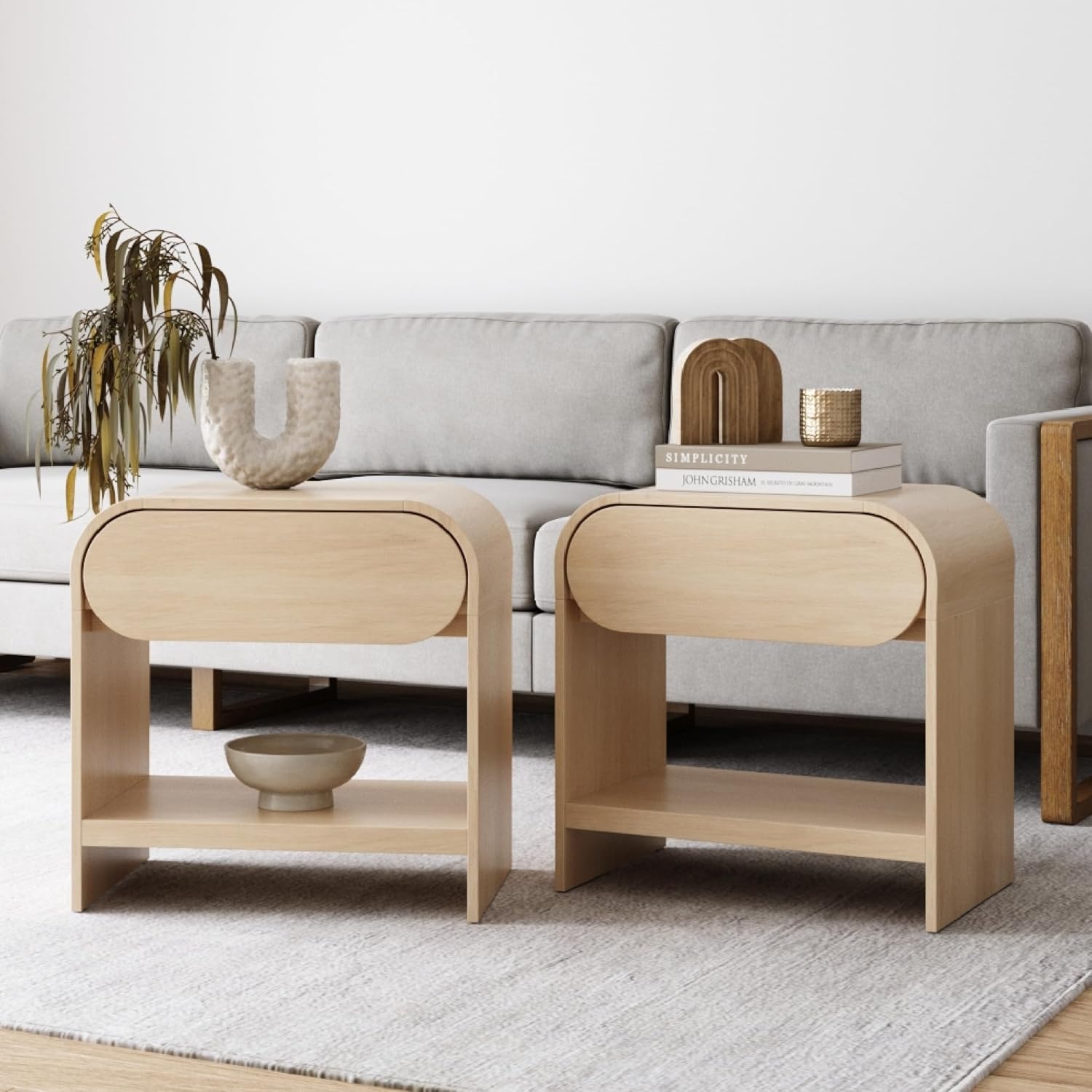 Incomplete one table only Nathan James Iris Mid-Century Modern Nightstand with Drawer, End Table with Storage for Bedroom or Living Room with Rounded Silhouette, Light Oak Set of 2
