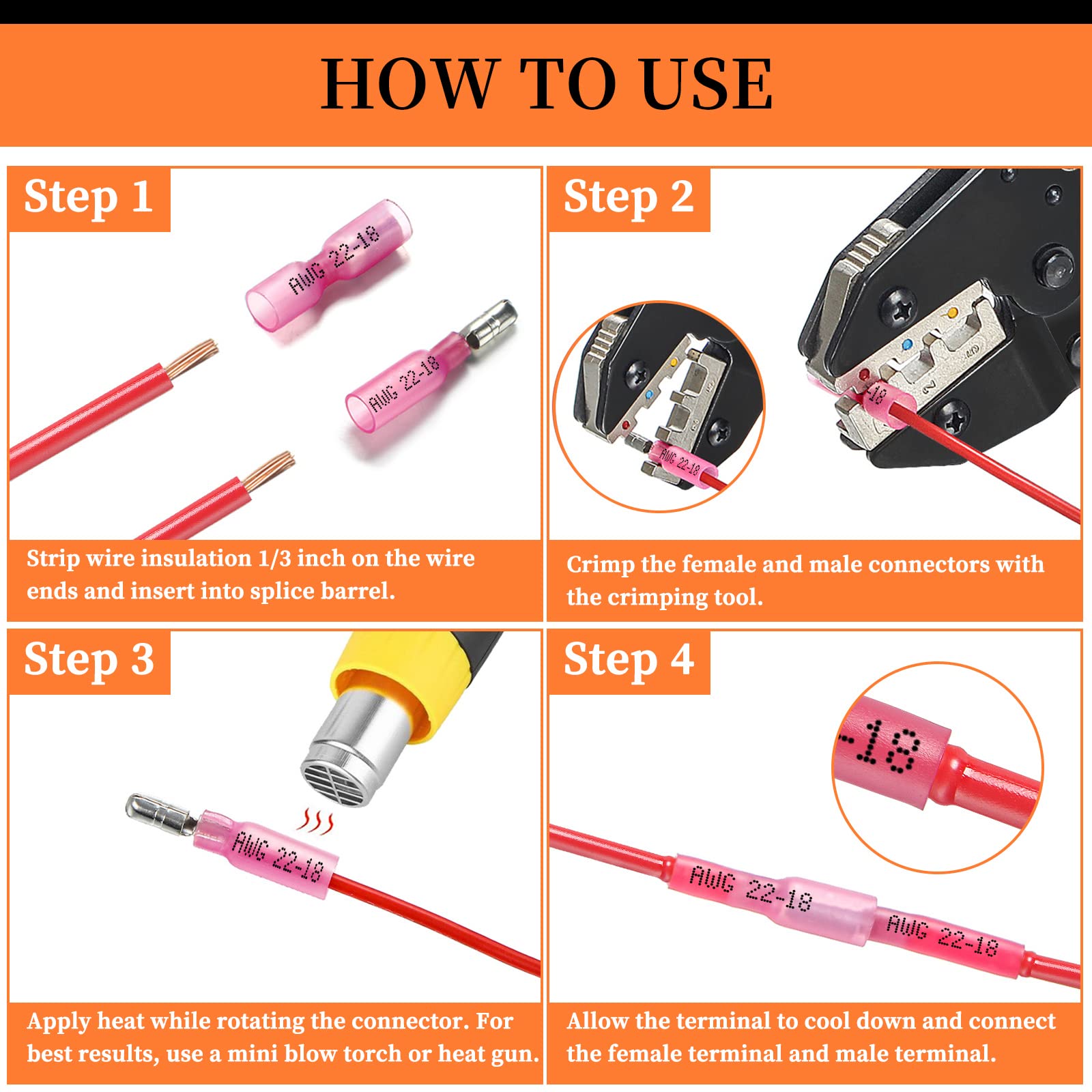 300PCS Heat Shrink Bullet Connectors, Camtek Heat Shrink Female & Male  Bullet Butt Connector Insulated Waterproof Marine Crimp Automotive  Electrical Bullet Connectors Wire Splice Terminals Kits: Amazon.com:  Industrial & Scientific
