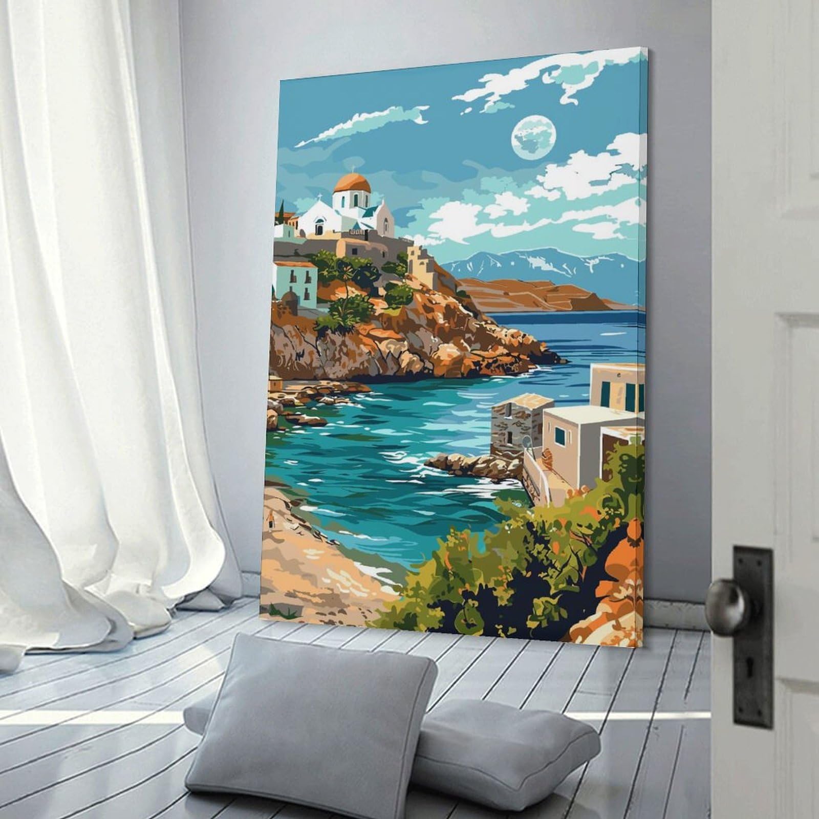 Junmoney Frame-Style-20 Crete Coastal Landscape Home Decor Wall Art 16X24inch(40X60cm), For Office, Study Or Home Workspace, Home Office Artwork With Decorative Appeal