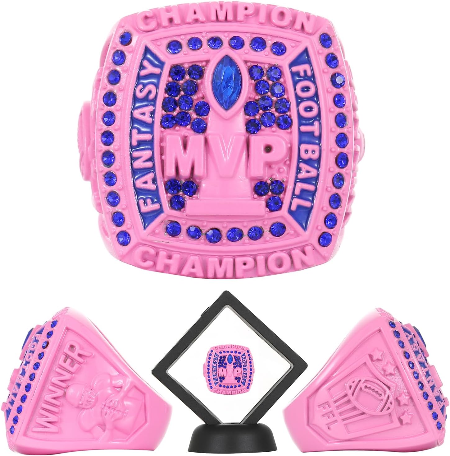 MVP Fantasy Football Championship Ring with Wooden Box League Champion Trophy Rings Premium Award for Winner