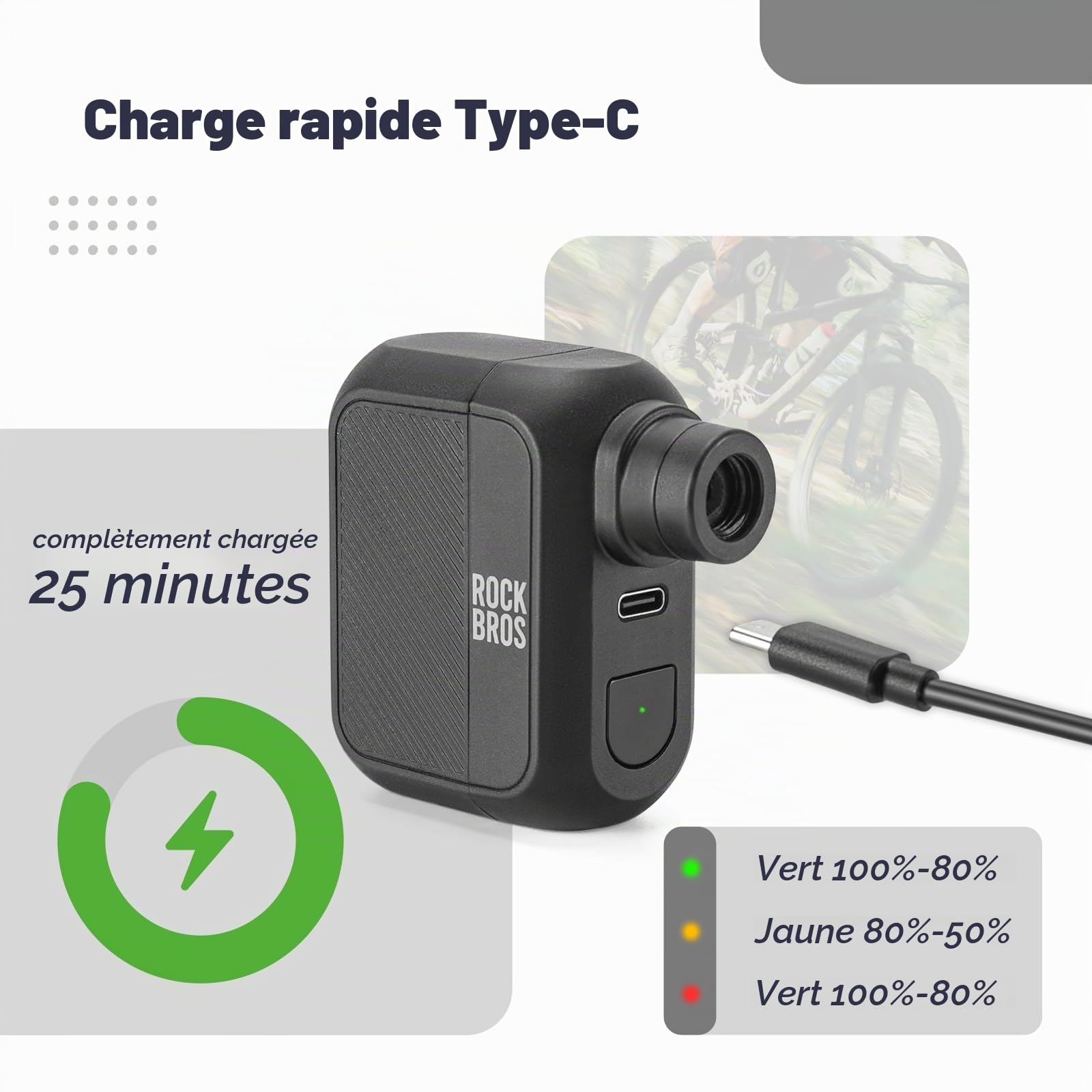 ROCKBROS Mini Pompe à Vélo Électrique Max 100PSI, Tiny Pump Portable Rechargeable de Type C, Pompe à Main pour à VTT, Vélos de Ville et de Course