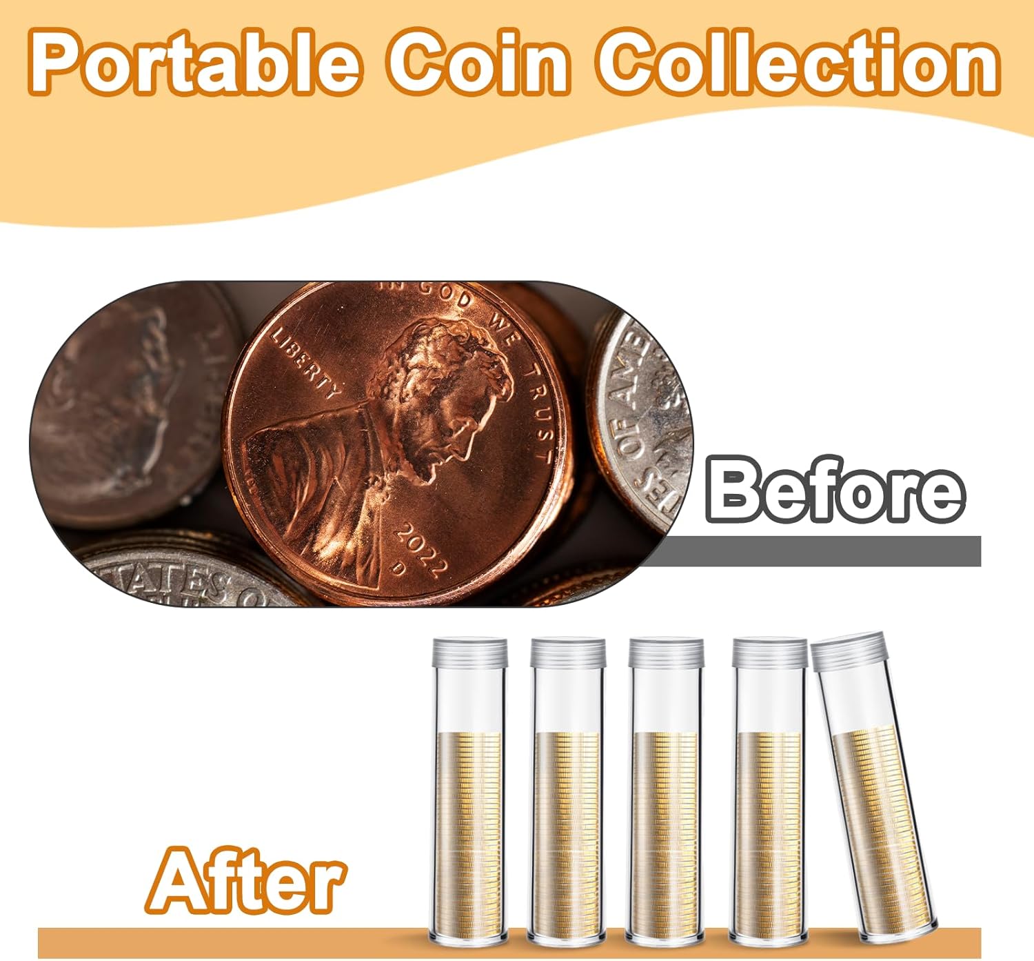 30 Pcs Coin Storage Tube, Clear Penny Coin Tube Plastic Round Clear Penny Tubes Holder Container Organizer with Screw on Lid for Collection Supplies Bank Rolls