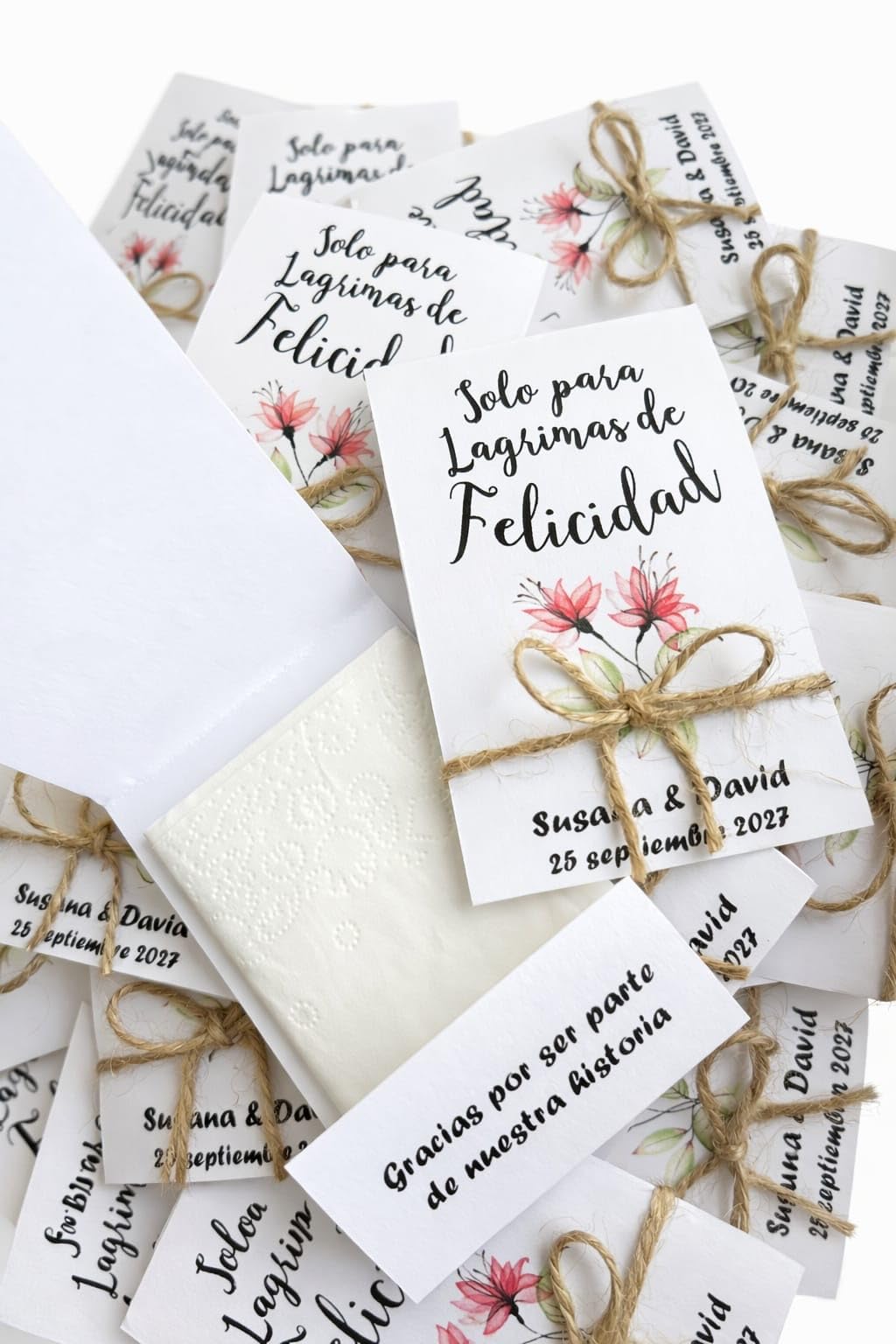 50 pañuelos de LÁGRIMAS DE Felicidad ó LÁGRIMAS DE ALEGRÍA para Boda, Bautizo o comunión | Detalles para Invitados Personalizados | Decoración Boda | Regalos artesanales