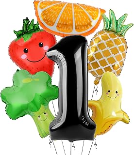 6Pcs First Birthday for Kids Hey Bear Fruit Sensory Dancing Fruit Vegetables Party Supplies 40 Inch Foil Helium Balloon Strawberry One Party Decorations 1st Anniversary Backdrops