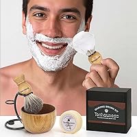 Vista 6 de Kit de brochas de afeitar para hombres, 4 en 1, incluye cepillo de afeitar de pelo de tejón, cuenco de madera, soporte de afeitado de acero