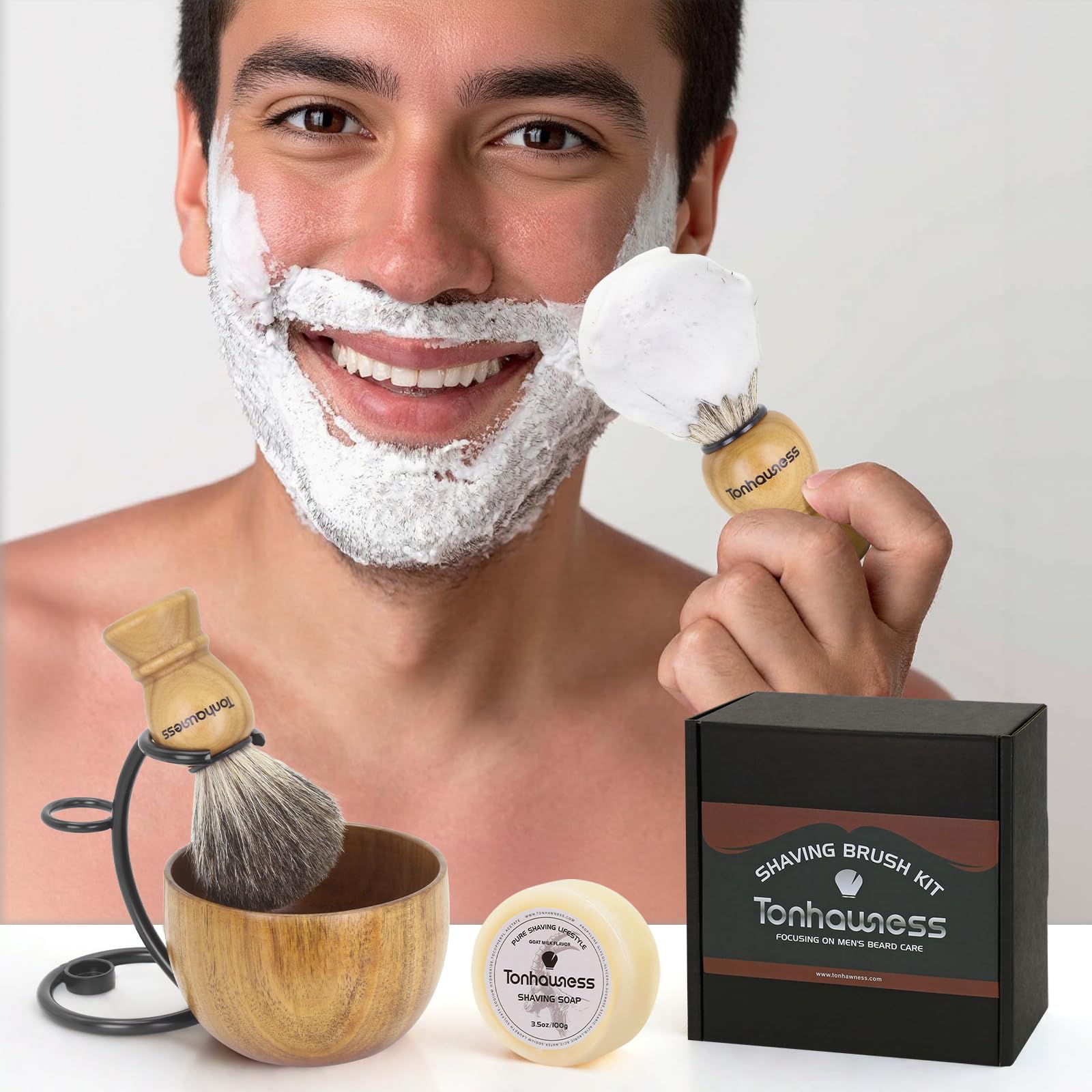 Kit de blaireau de rasage pour hommes, ensemble de 4 blaireaux en 1 comprend un blaireau de rasage en poils de blaireau, un bol en bois, un support de rasage en acier inoxydable et un savon à raser au