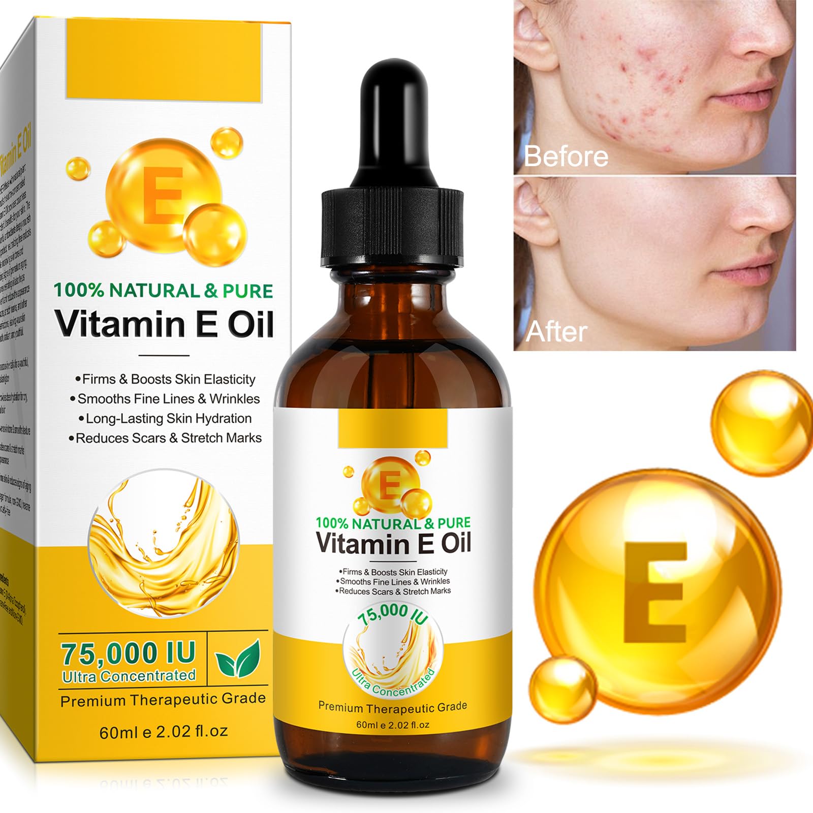 Vitamin E Oil, 100% Pure Natural Plant Extracts Vitamin E Oil for Skin Face, Reduces Scars & Stretch Marks - Image 3