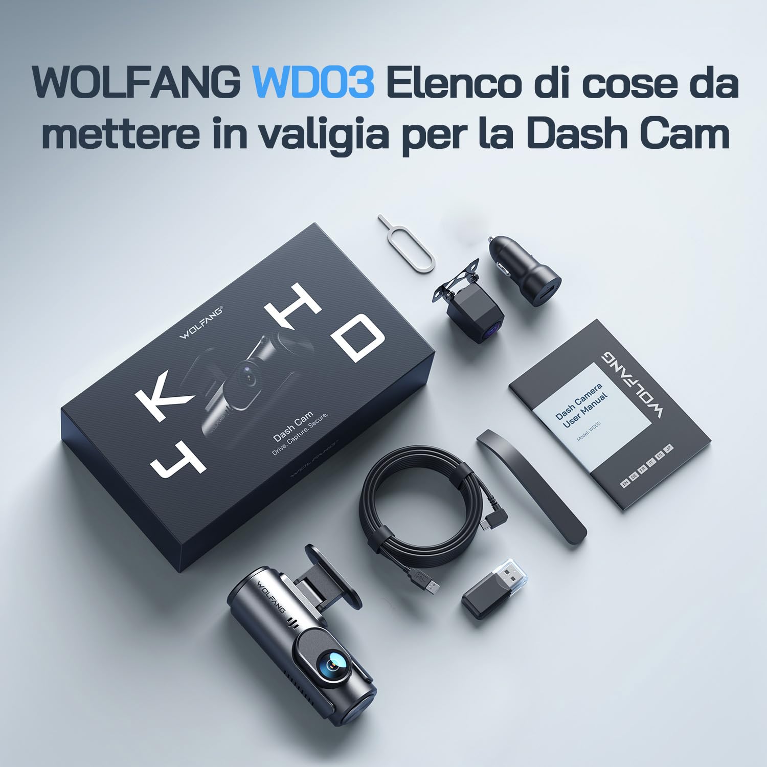 WOLFANG Dash Cam Auto 4K, Doppia WiFi Dashcam per Auto, Telecamera Auto 170° Grandangolo, Visione Notturna,G-Sensor, WDR, Monitor di Parcheggio, Registrazione in Loop