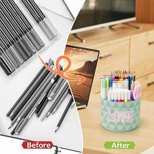 Miniatura 7 de Organizador de escritorio brillante, con diamantes de imitación giratorios para escritorio, organizador de bolígrafos con estampado de diamantes con