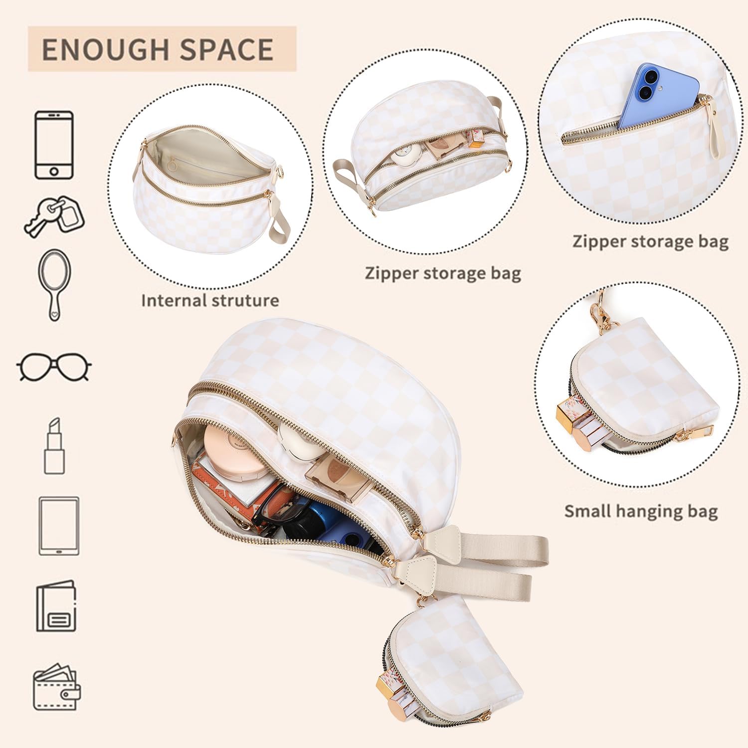 Checkered Crossbody Bum Bags for Women, Nylon Sling Bags with Shoulder Strap, Large Capacity Checkered Purse Bag - Image 3