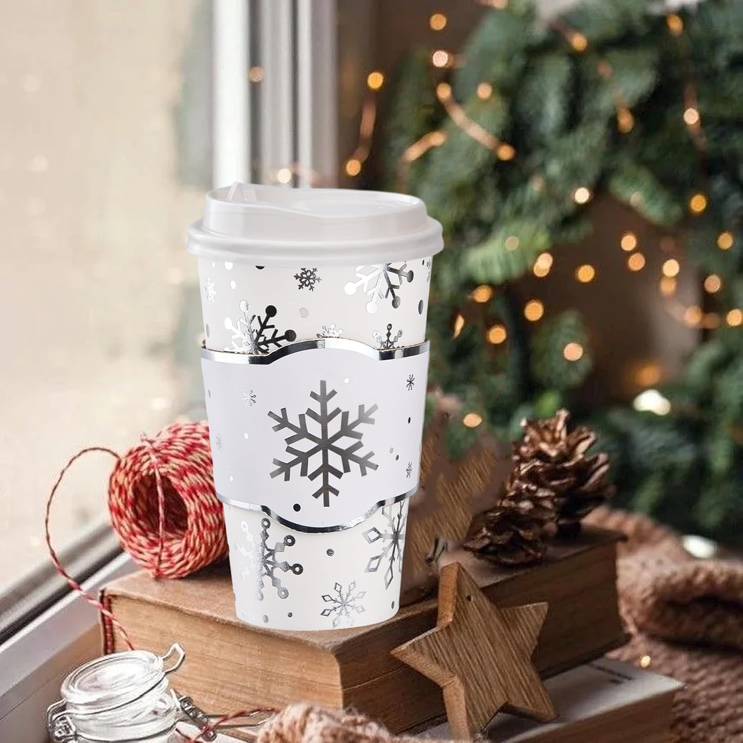 48 Pack 16 oz Snowflake Disposable Coffee Cups with Lids and Sleeves Silver Winter To Go Paper Coffee Cups Beverage Drinking Cups for Christmas Frozen Party Office Travel Business Supplies