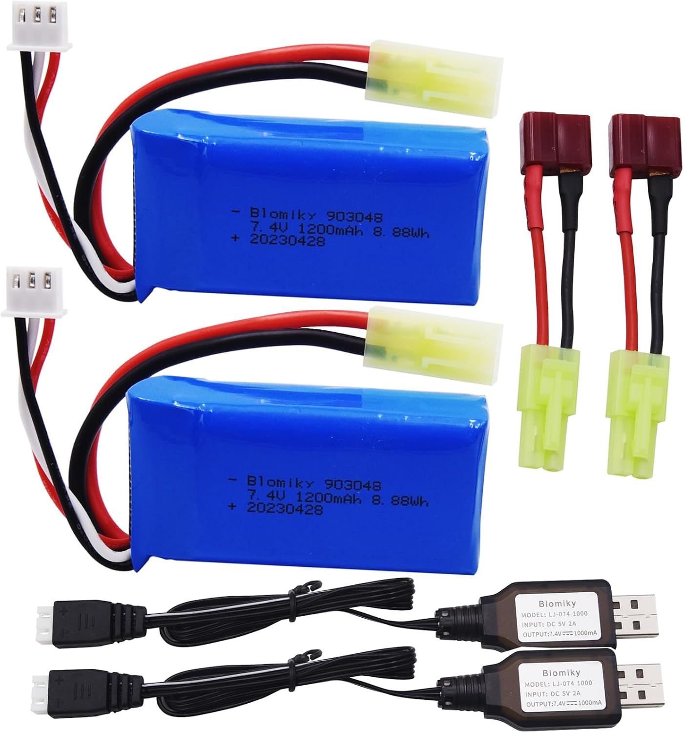 Blomiky 2 Pack 7.4V 1200mAh 8.88Wh Li-PO Battery and 2 USB Charger Cable Replacement for 1/18 Scale 9310YL 9300 9301E 9302E 9303E 9304E 9305E RC Truck / 9300 1200 2