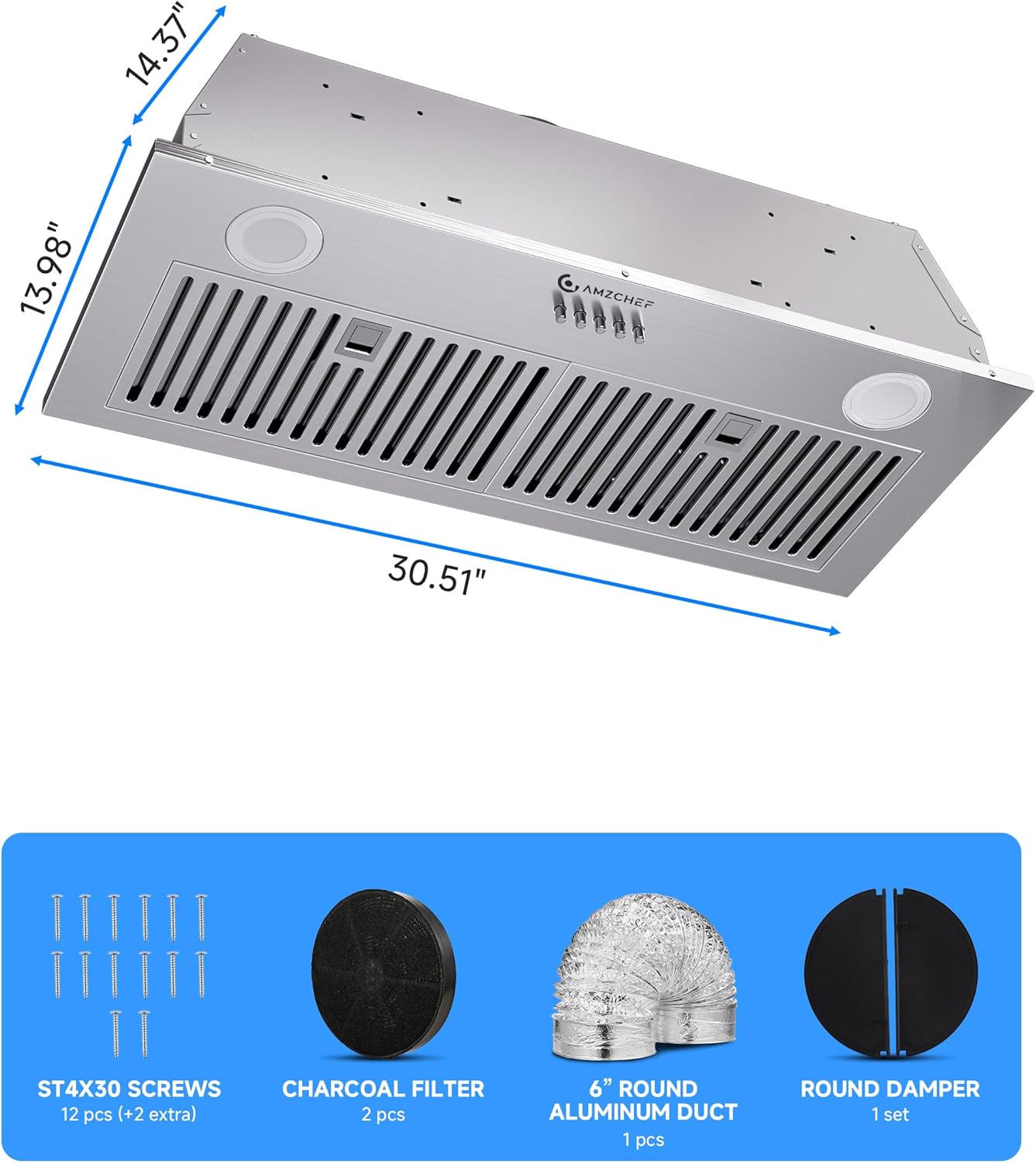 Package contents including range hood, filters, vent pipe, and screws
