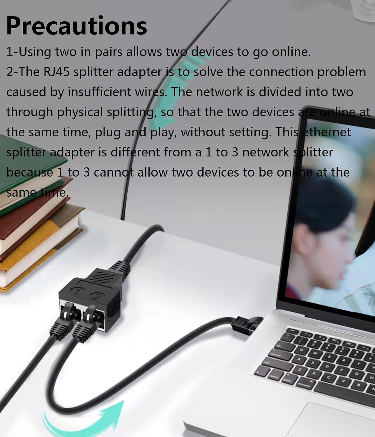 Ethernet Splitter RJ45 LAN Nertwork Adapter, 2 Packs 1 to 2 Ethernet Splitter 8P8C Ethernet Plug Socket for Cat5/5e/6/7 Connector
