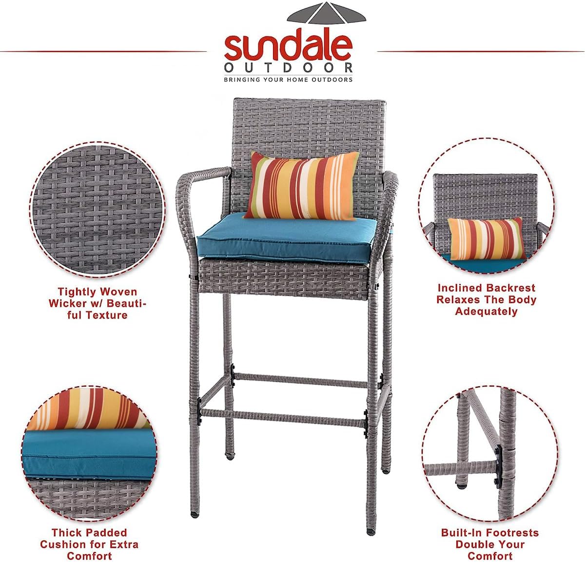 Sundale Outdoor Wicker Bar Stools Set of 4, 30 Inch Seat Height Rattan Barstools with Back, Patio Tall Counter Chair with Arms & Blue Cushions, Outside All-Weather High Pub Stools- Steel, Grey