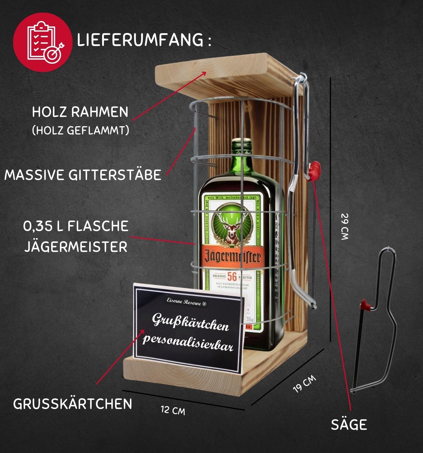 Personalisierte Geschenke für Männer Frauen Geschenkidee - Eiserne Reserve Gitterkäfig Jägermeister Likör (1 x 0.35 l) incl. Notsäge - Papa Mama Geburtstag Hochzeit