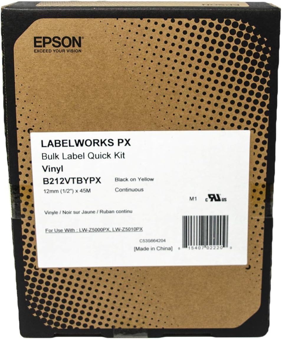 Epson LABELWORKS B212VTBYPX Genuine Bulk Continuous Vinyl Tape - Black on Yellow Flexible and Durable Vinyl Industrial Label Maker Tape - 1/2" (12MM) Wide, 147.6 ft