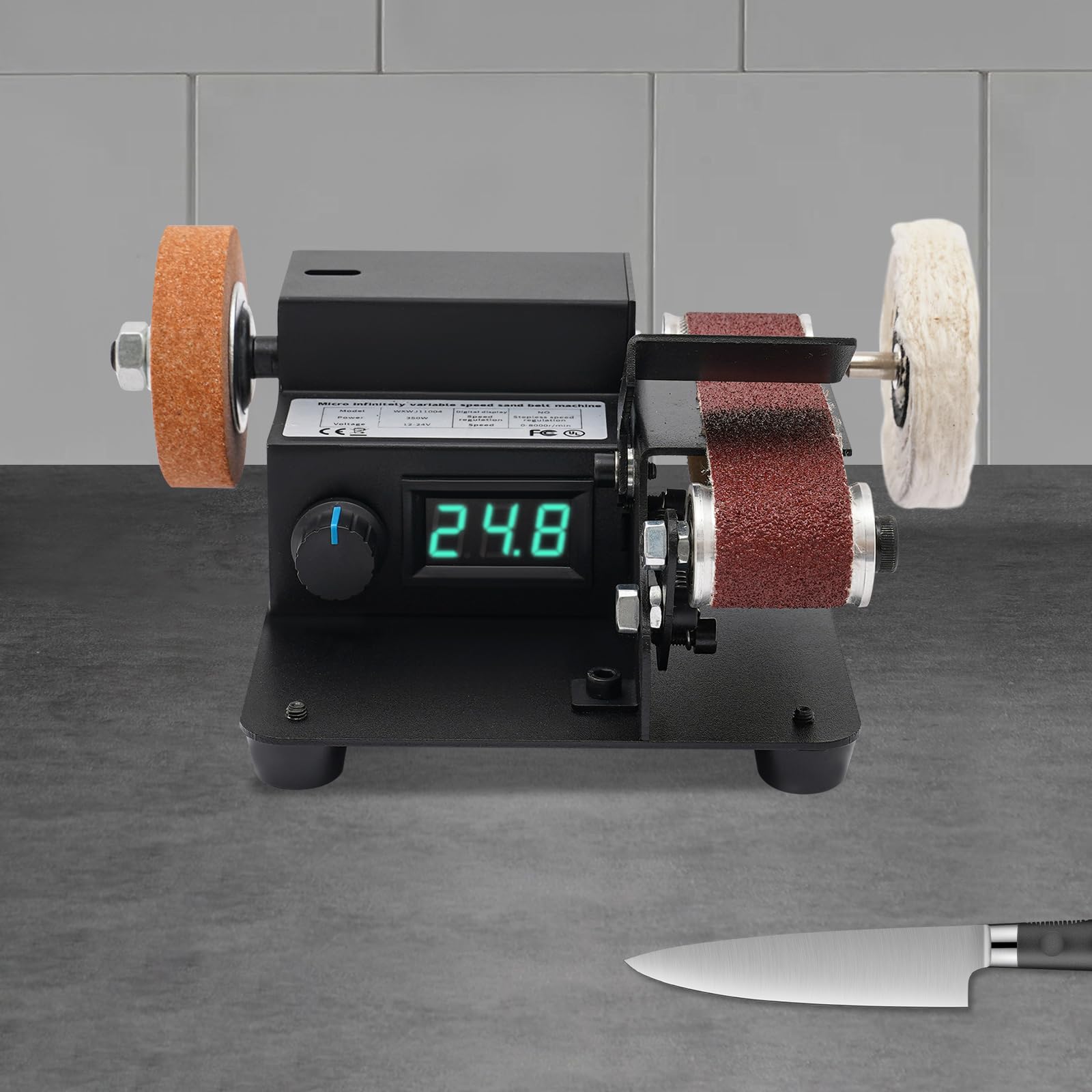 Mini levigatrice a nastro elettrico da 350 W, velocità regolabile, con 10 nastri, fornita e display LCD per metallo, legno, alluminio, fatta a mano, 16 x 14 x 9 cm